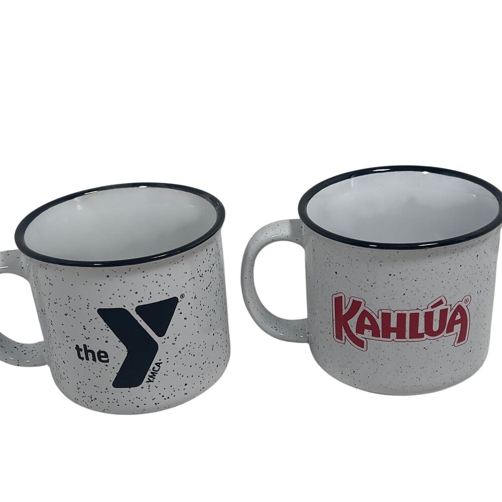 Campfire Mugs Set of 2 White Speckled Black Rim Kahlua & the Y 14 oz Coffee Cup